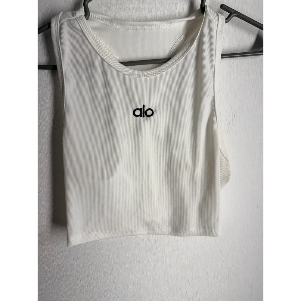 Alo Yoga White Ribbed Crop Tank Top Racerback Embroidered Logo Size M